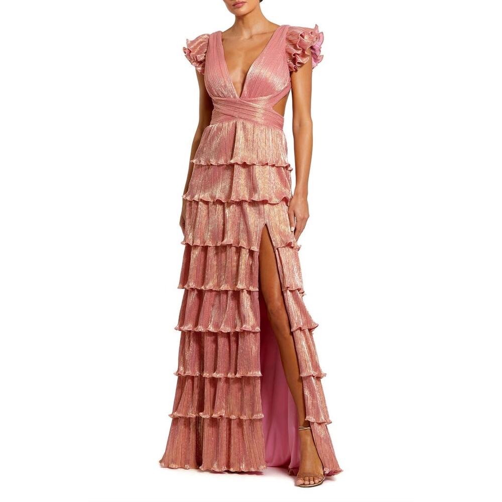 MAC DUGGAL Coral Pink Gold Ruffle Tiered Criss Cross Lace Up Back Gown Dress 2 - Picture 2 of 16